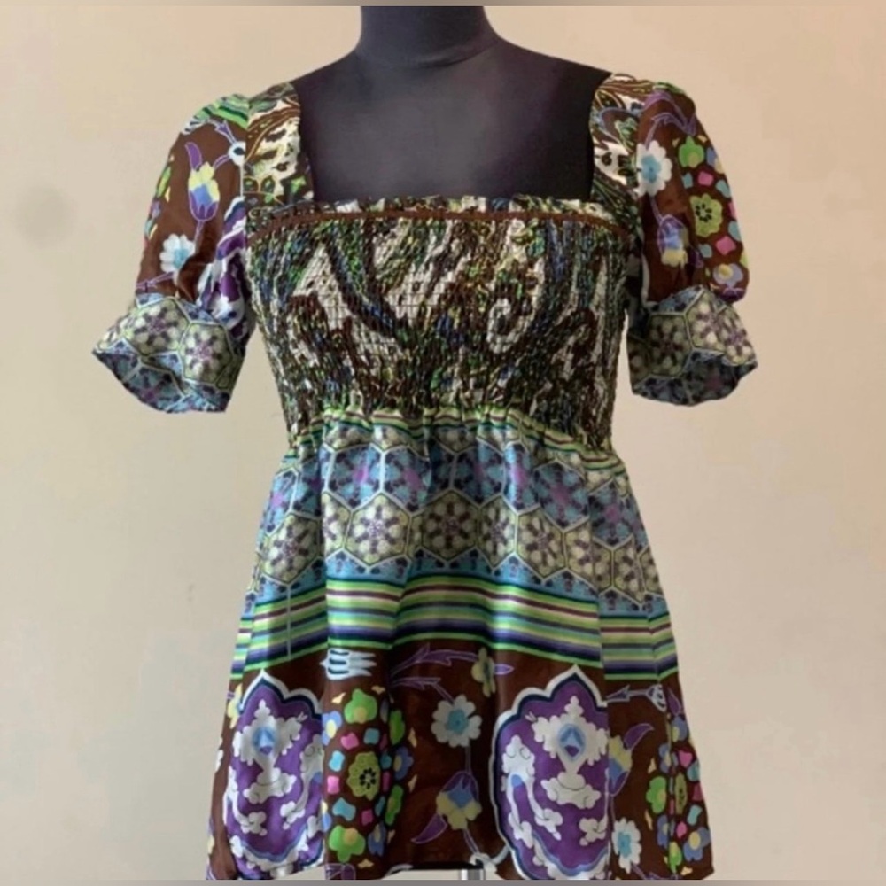 Colorful Floral Print Silk Multicolor Balloon Sleeve Smocked Peplum Blouse